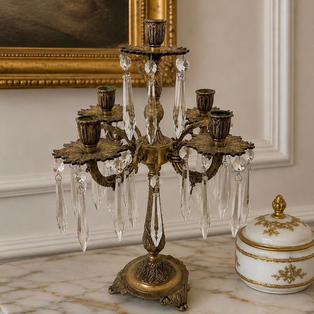 Antique European Cast Brass Five Arm Crystal Girandole Candelabra. This elegant antique European cast bronze five-arm...
