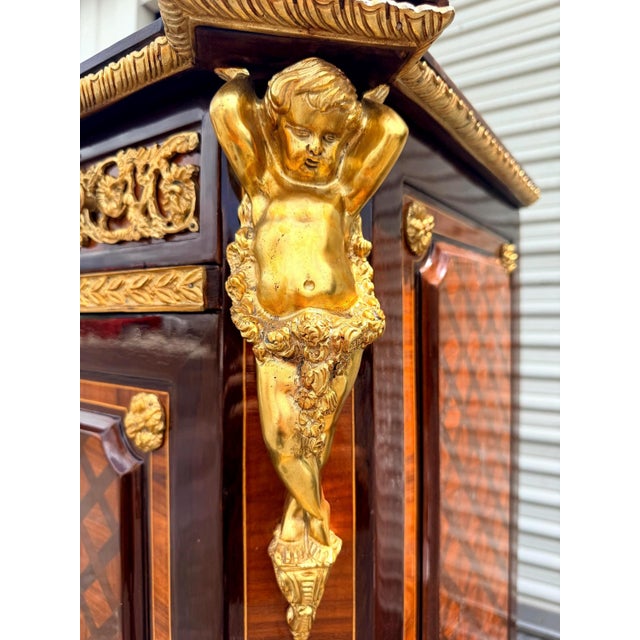 Brown Vintage Marquetry French Cabinet with Ormolu Mounts Marble top For Sale - Image 8 of 10