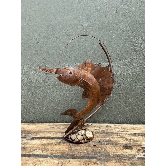Metal Vintage Distressed Punch Cut Sailfish Statue For Sale - Image 7 of 12