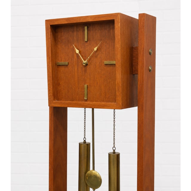 Mid Century Modern Teak + Brass Weight Drive Chiming Floor Clock, C. 1960’s, Denmark For Sale - Image 9 of 12