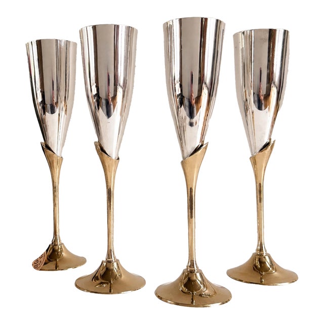 Vintage Silver & Brass Champagne Flutes — Set of 4 For Sale