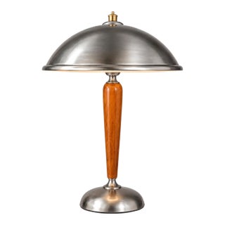 Late 20th Century Mid-Century Modern Dual-Socket Desk Lamp With Walnut Stem & Metal Dome Shade For Sale