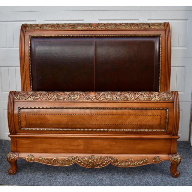Legacy Pine Upholstered Sleigh Bed Carved and Inlaid Ornate Queen Frame For Sale - Image 11 of 18