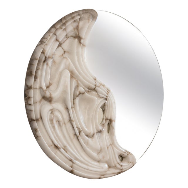 Large Fossil Moon Wall Mirror in Alabaster and Glass Mirror by Amarist Studio For Sale