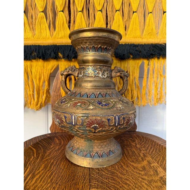 Mid 20th Century Large Bronze Champlevé Enameled Handled Vase For Sale - Image 5 of 8