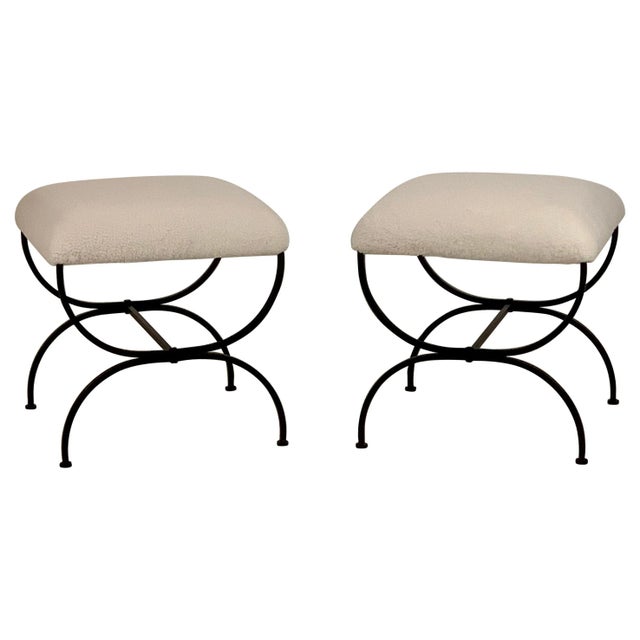 Metal Large 'Strapontin' Shearling Stools by Design Frères - A Pair For Sale - Image 7 of 7