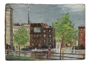 Early 20th Century American City Landscape Oil Painting by F. Haley C.1910