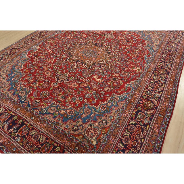 Farmhouse Mashad Rug 9’7” X 12’3” Red Wool Vintage Traditional Hand-Knotted Carpet For Sale - Image 3 of 14