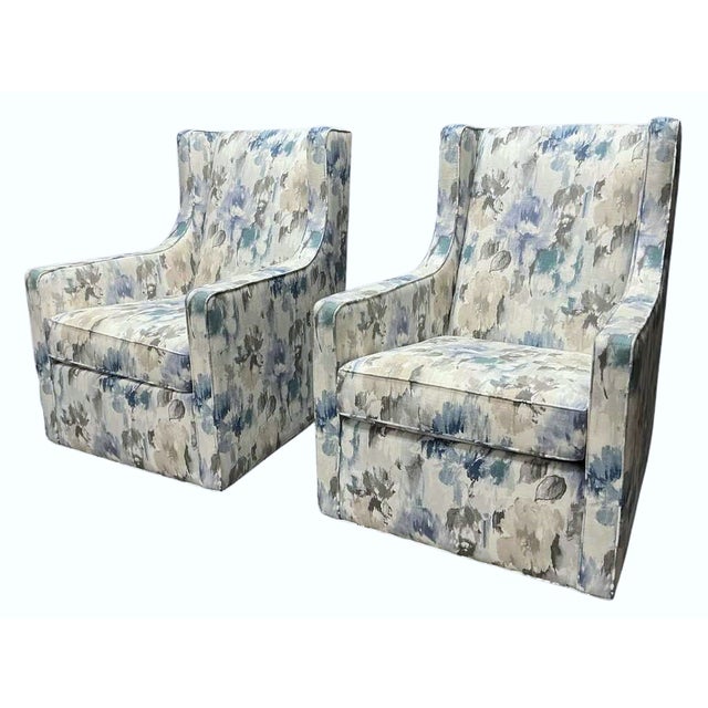 2010s Pair of Ethan Allen Custom Floral Swivel Rocker Lounge Chairs in Contemporary Watercolor Upholstery For Sale - Image 5 of 9
