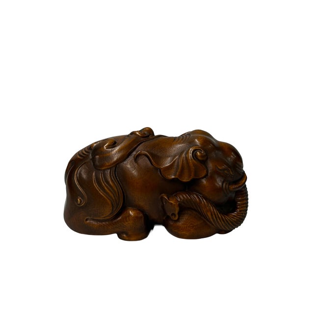1990s 3" Artistic Brown Wood Carved Elephant Fengshui Miniature Figure For Sale - Image 5 of 9