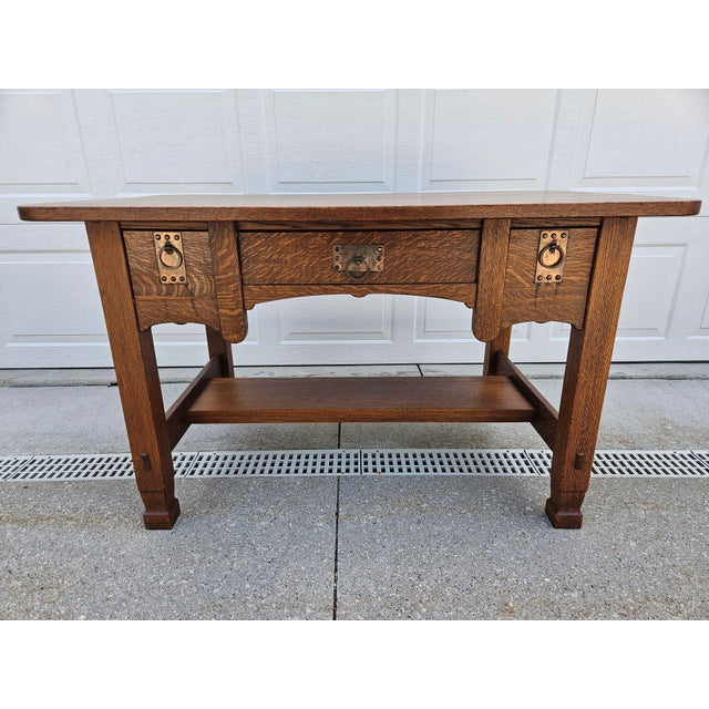 Rustic Arts and Crafts Mission Oak Desk -Attributed to Imperial Furniture For Sale - Image 3 of 14
