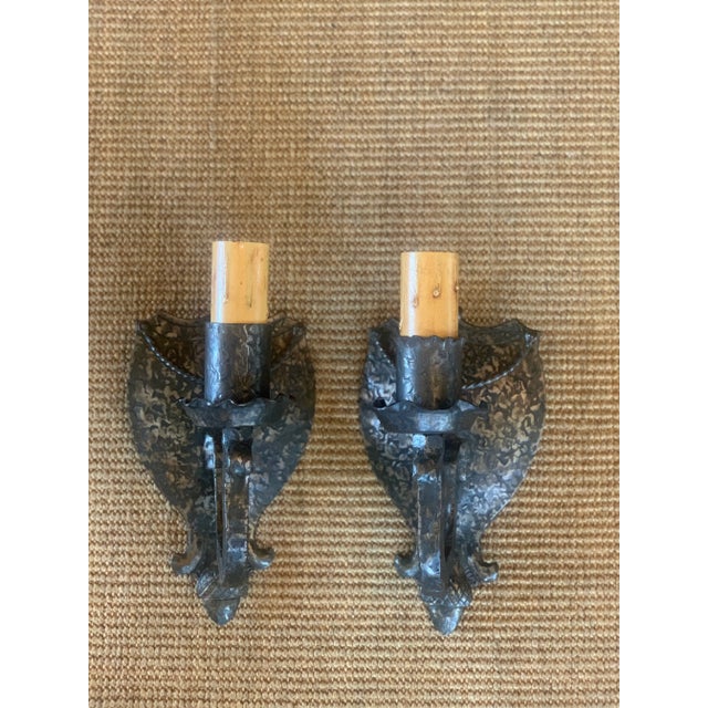 Metal Wrought Iron and Old Paint Sconces Circa 1910 - a Pair For Sale - Image 7 of 8