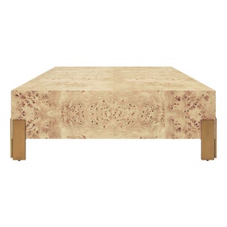 Matthew Izzo Home Enid Light Burlwood 48" Square Coffee Table With Antique Brass Legs For Sale