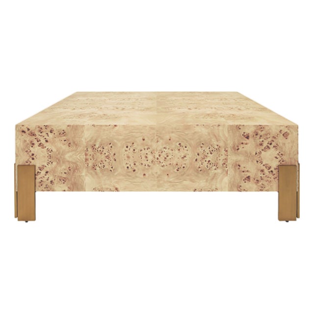 Matthew Izzo Home Enid Light Burlwood 48" Square Coffee Table With Antique Brass Legs For Sale