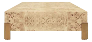 Matthew Izzo Home Enid Light Burlwood 48" Square Coffee Table With Antique Brass Legs