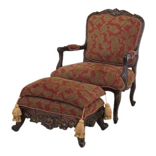 French Louis XV Style Upholstered Chair & Ottoman For Sale
