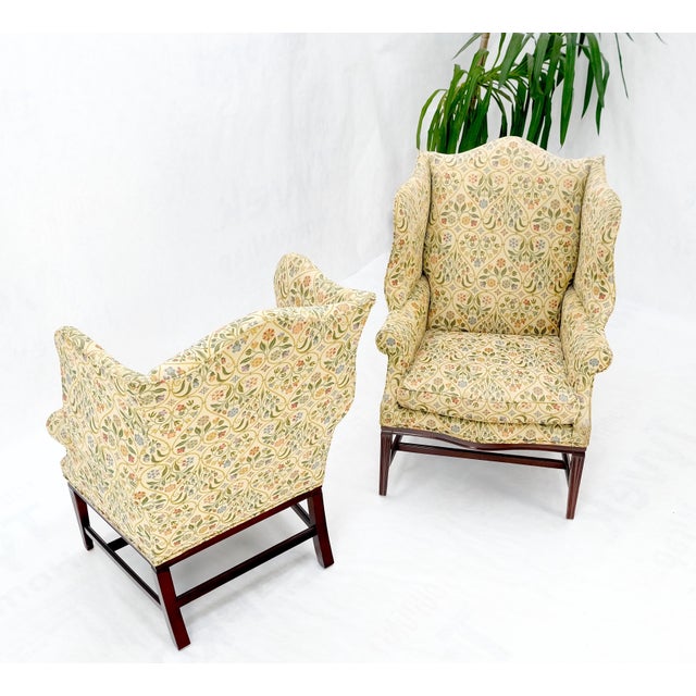 Mid 20th Century Pair of Deep Profile Antique Wing Arm Chairs Mahogany Legs Federal Style For Sale - Image 5 of 18