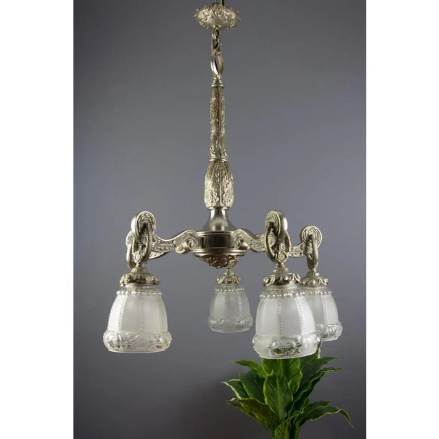 Art Deco Style Bronze and Frosted Glass Floral Chandelier, 1930s For Sale - Image 11 of 18