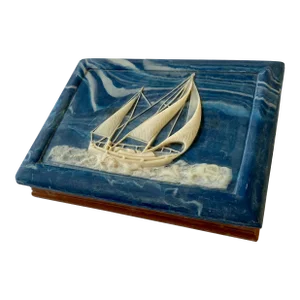 Nautical Jewelry Box in Incolay Stone and American Walnut Circa 1970s