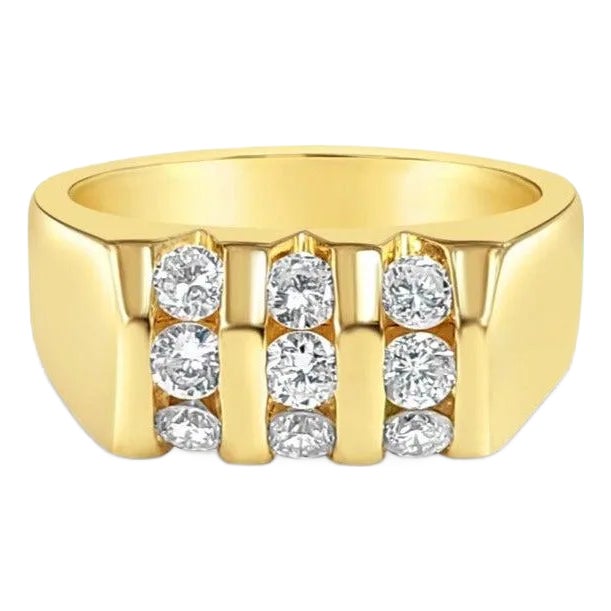 Curved Nine Stone Mens Diamond Ring 1.00cttw 14k Yellow Gold, Size 8 For Sale