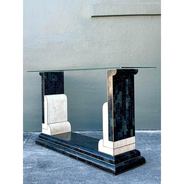 Late 20th Century Vintage Boho Tessellated Stone and Brass Inlay Console Table For Sale - Image 5 of 10