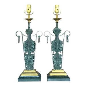 Vintage Boho Maitland Smith Patinated Fleur De Lys Lamps - a Pair