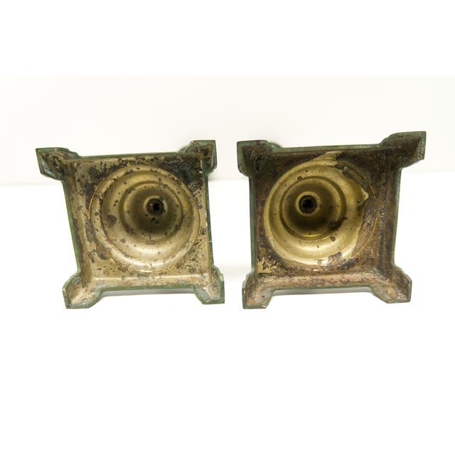 Metal Faux Verdigris Patina Brass Candlesticks a Pair For Sale - Image 7 of 8