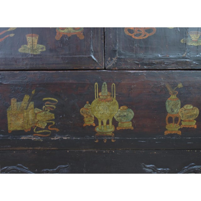 Hand Painted Flower 2 Panel Doors Antique Chinese Cabinet For Sale In Greensboro - Image 6 of 16