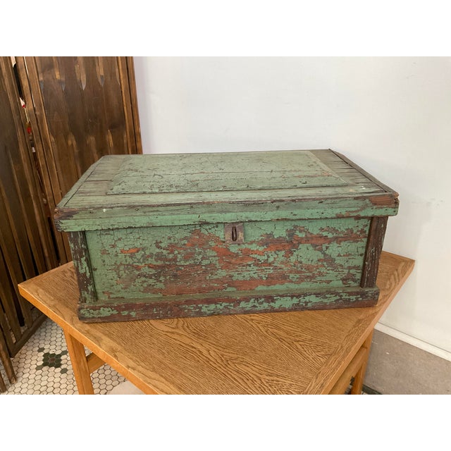 Farmhouse Early 20th Century Rustic Green Painted Wooden Storage Chest or Trunk For Sale - Image 3 of 14