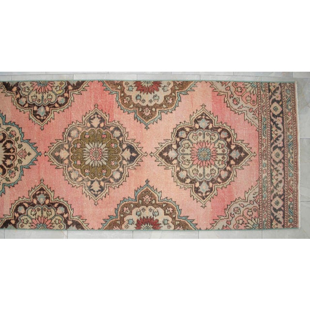 Hand-Knotted Oushak Runner Rug Faded Pink Low Pile Hallway Decor Kitchen Rug- 3'2″x 12'4″ For Sale - Image 11 of 14