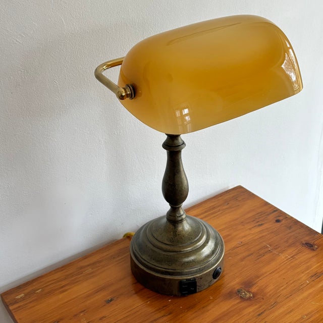 Metal 1980s Amber Glass Banker's Desk Lamp For Sale - Image 7 of 11