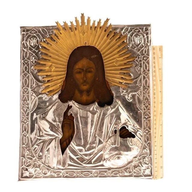 Antique Russian Gilt Metal Orthodox Icon of Christ For Sale - Image 3 of 4