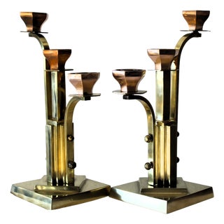 Art Deco 3-Armed Candlesticks in Brass, 1920s, Set of 2 For Sale