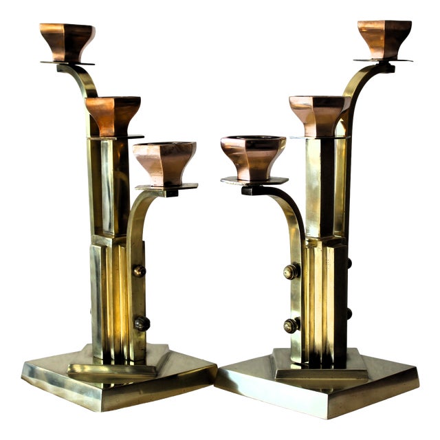 Art Deco 3-Armed Candlesticks in Brass, 1920s, Set of 2 For Sale