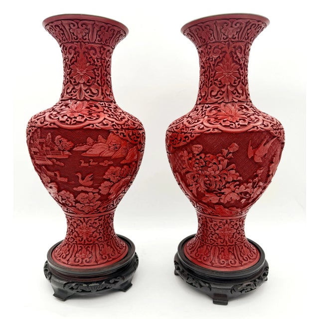 Unique Chinese Carved Cinnabar Vase, Same Shape, Different Decoration - a Pair For Sale - Image 9 of 12