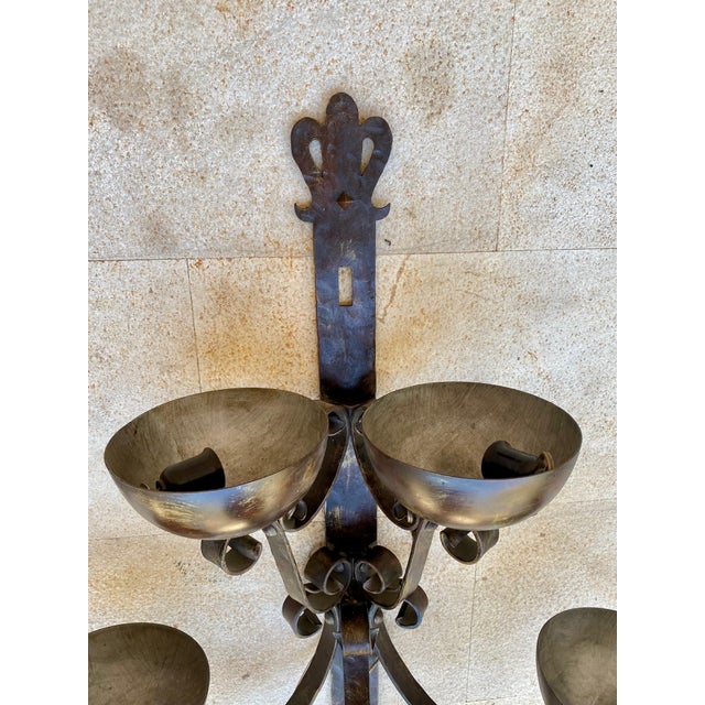 Rustic Pair of Big Spanish Hand-Forged Iron Wall Sconces, Mid-20th Century For Sale - Image 3 of 11