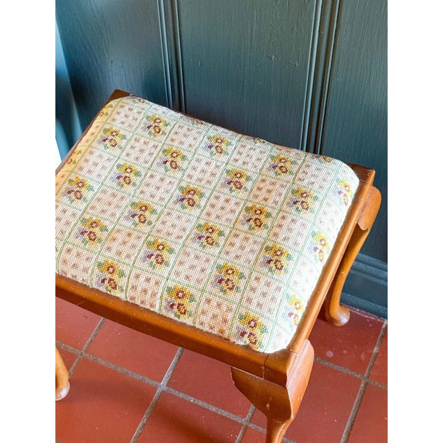 Vintage Queen Anne Style Embroidered Needlepoint Stool With Cabriole Legs For Sale - Image 14 of 14