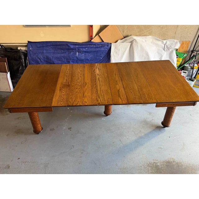 Antique Victorian Style Tiger Oak Table, Square Dining Table With Leaves on Casters For Sale - Image 11 of 17