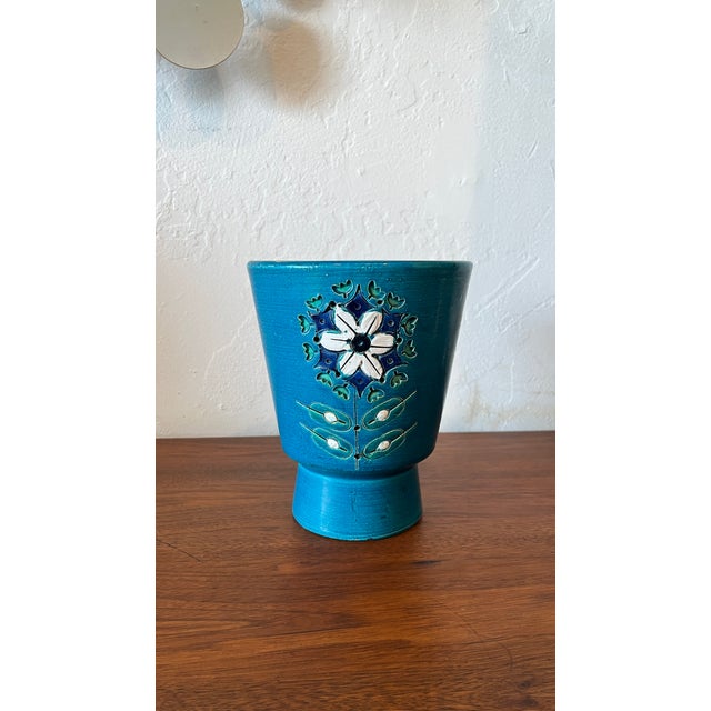 Turquoise Floral Footed 7.5" Vessel Vase Italy For Sale In Los Angeles - Image 6 of 8
