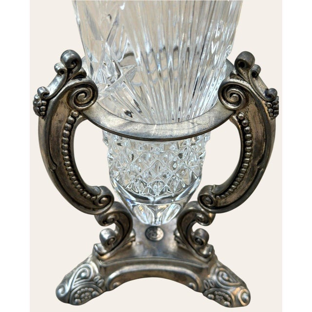 Rococo Vintage Godinger Cut Crystal Urn Vases Silverplate Ornate Stands Pair 11" For Sale - Image 3 of 10
