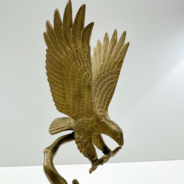 1960s Vintage Brass Eagle Sculpture on Driftwood Base | Mid Century Bald Eagle Figurine | Hollywood Regency Bird Statue | Wildlife Desk Decor For Sale - Image 5 of 9
