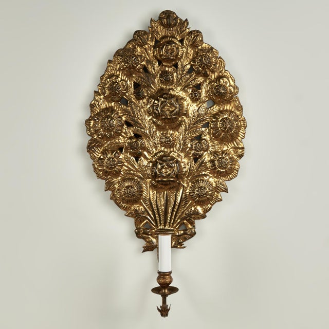Neoclassical Pair of Antique Italian Brass Floral Wall Sconces For Sale - Image 3 of 15