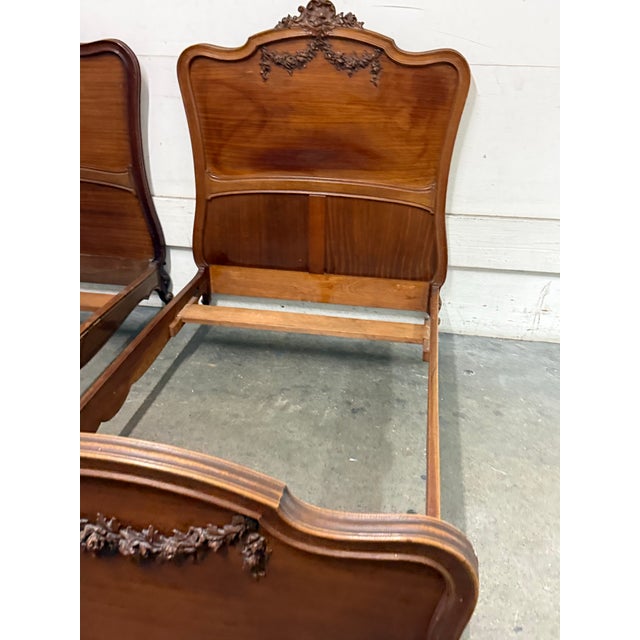 Wood Twin Size Louis XV Style Antique Carved Wood Bed Frames, Pair For Sale - Image 7 of 12