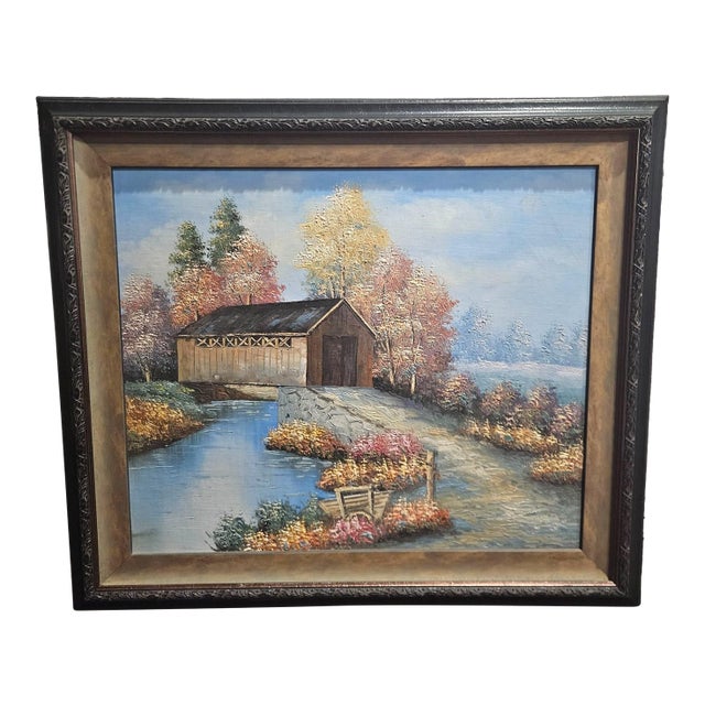 Vintage Original Oil Painting Covered Bridge Autumn Landscape Custom Framed For Sale