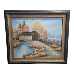 Vintage Original Oil Painting Covered Bridge Autumn Landscape Custom Framed