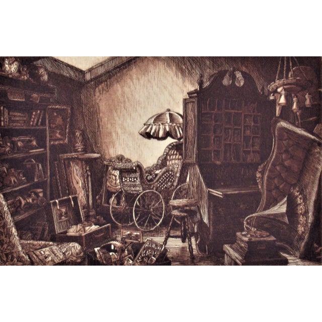 This artwork titled "Up in the Attic" c. 1985 is an original sepia etching by American artist Scott Fitzgerald. It is hand...