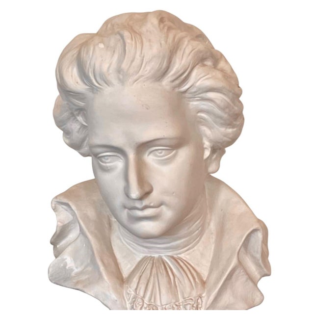 Ludwig Van Beethoven Plaster Bust. Mounted on a handsome wood block. Marked “DEPOSE 2339” on back.