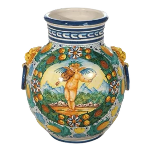 Vintage Italian Hand Painted Majolica Glazed Terracotta Pottery Floor Vase With Cherub