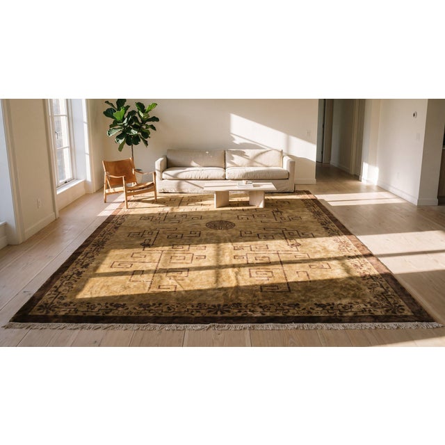 Textile Eminent Camel Color With Great Geometric Antique Chinese Peking Rug For Sale - Image 7 of 9