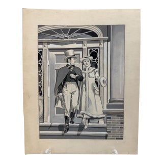 Original Signed Graphite Illustration of Colonial Couple Leaving Townhouse, 11 X 9 In. For Sale